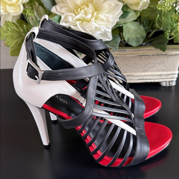 Calvin Klein Nadia Black, White, and Red Strappy Heels - Picture 6 of 14
